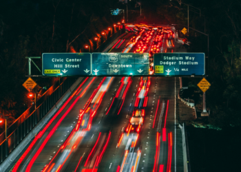 Cars driving at night in Los Angeles