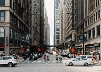 Cars driving in downtown Chicago