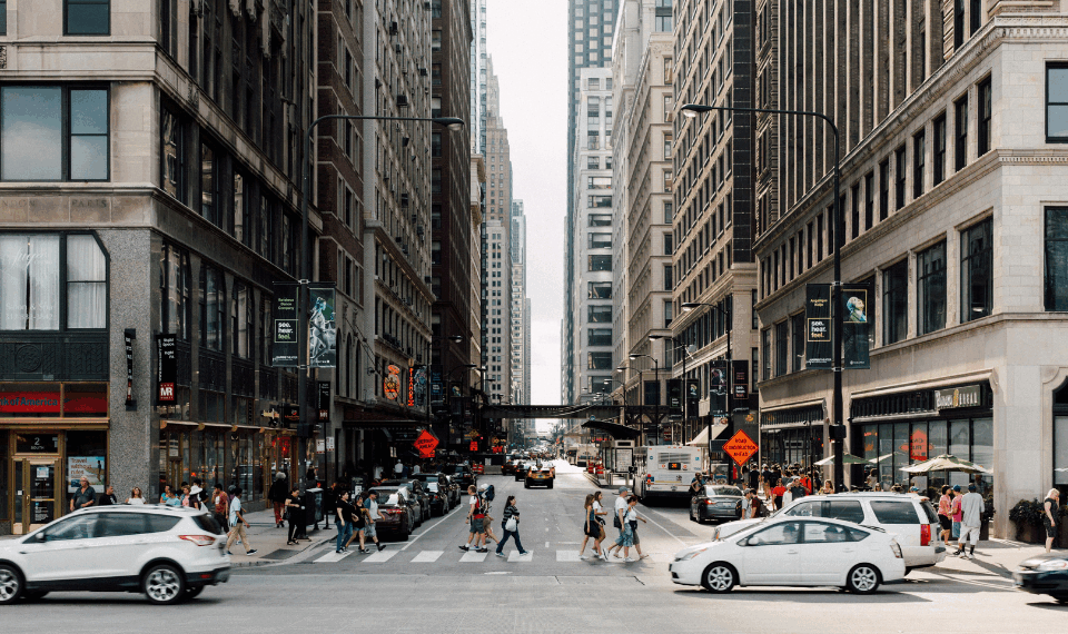 Cars driving in downtown Chicago