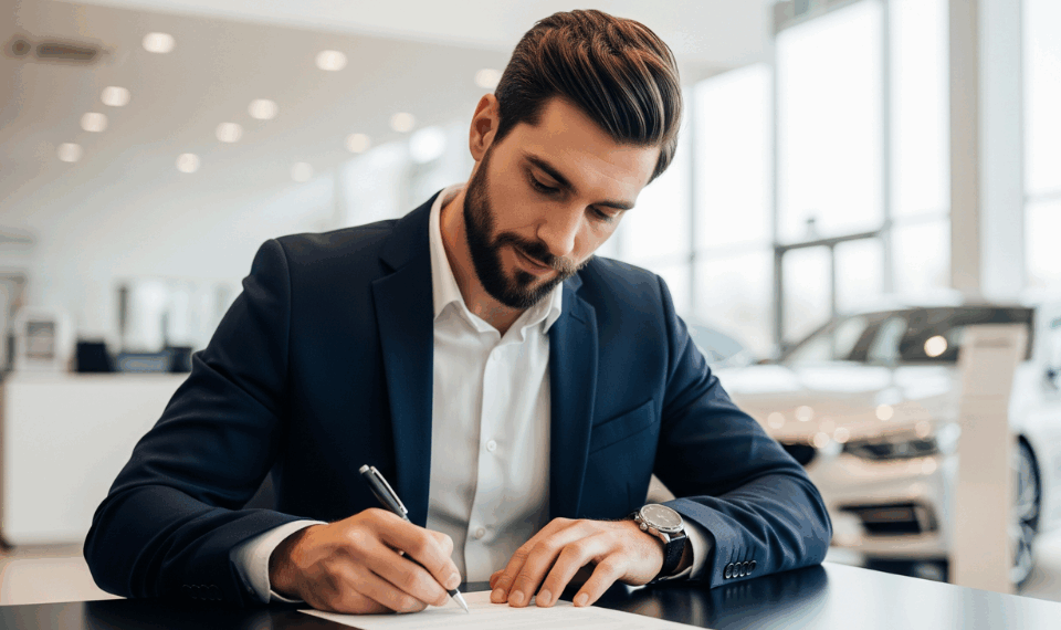 A man signing papers at the car dealership