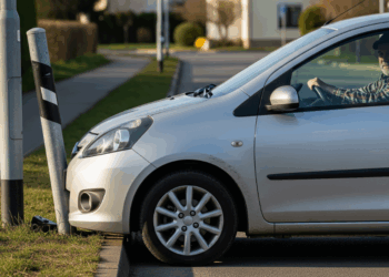 Man hitting his car in a parking lot