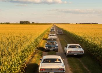 Cars driving in Illinois cornfields