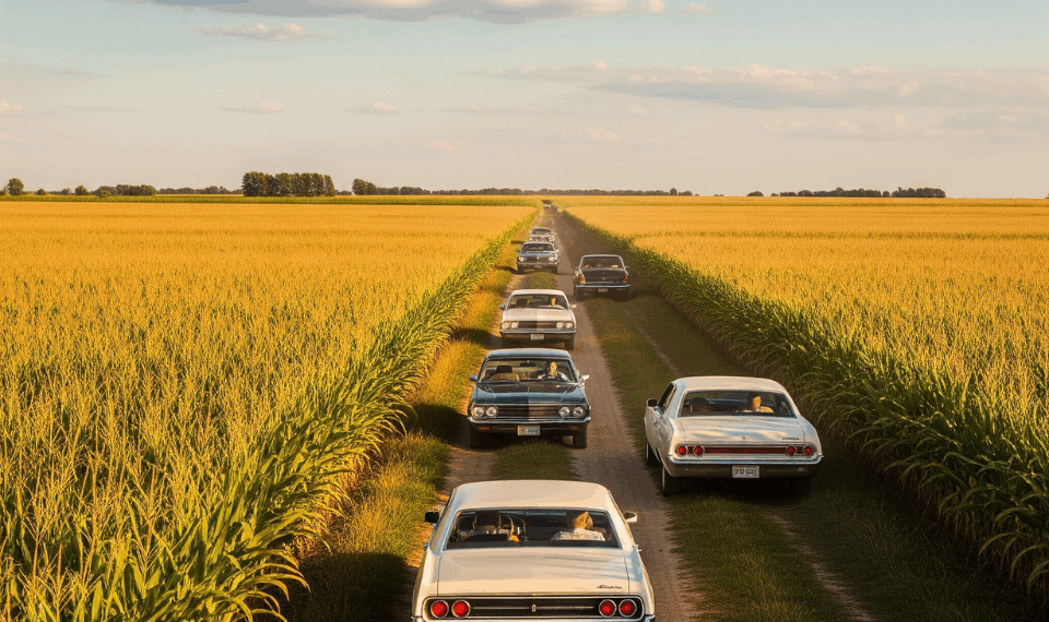 Cars driving in Illinois cornfields