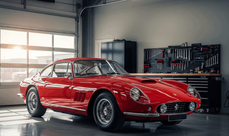 classic car sitting in a garage