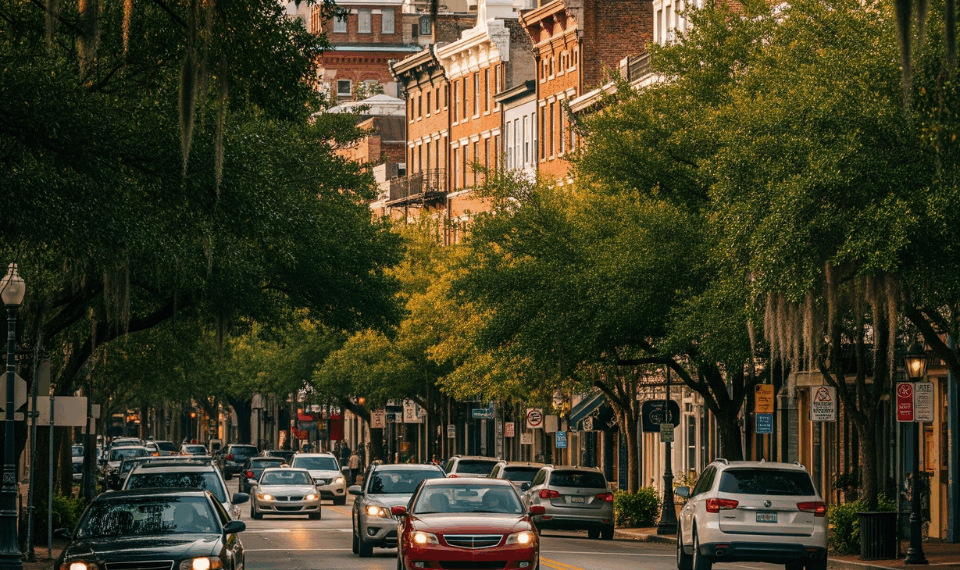 Cars driving on a street in Savannah, GA