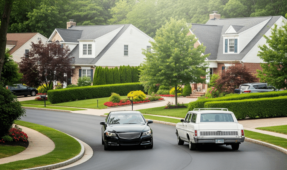 Cars driving in suburban New Jersey neighborhood