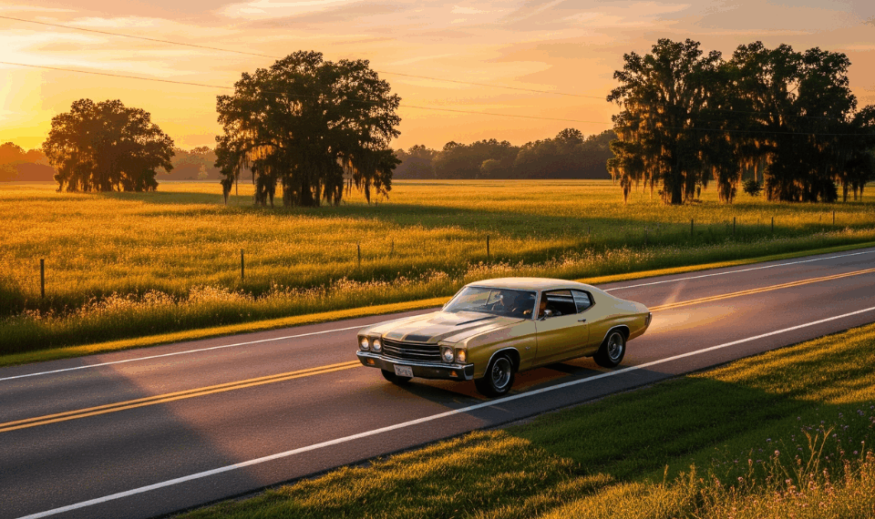 Car driving on a road in Mississippi