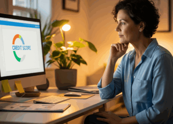 Woman checking her credit score on the computer