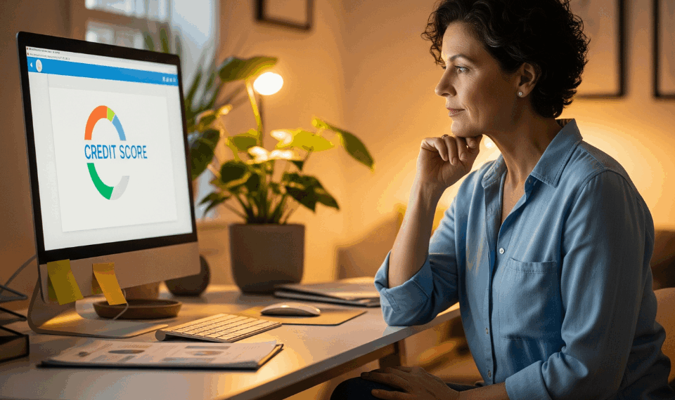 Woman checking her credit score on the computer