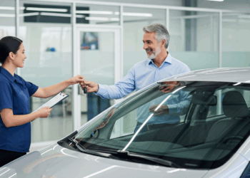 Woman handing a man the keys to a rental car