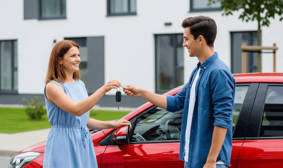 Two people exchanging car keys